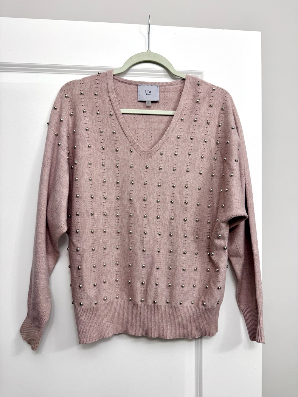 LIV Milano Pink V-Neck Sweater with Metallic Studs Size M